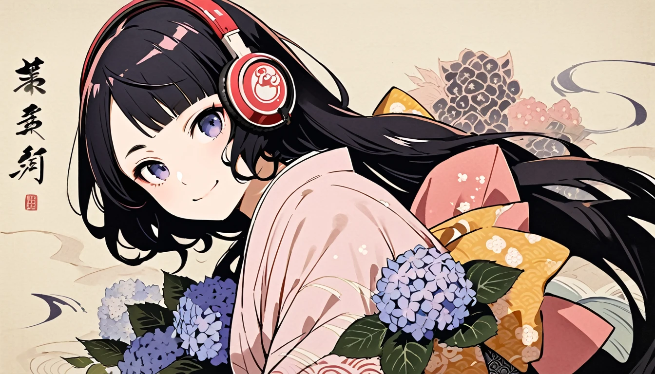 Highest quality, Katsushika Hokusai, Ink Painting, (((very straight longhair))), (((hydrangea))), (((Pale pink kimono))), (((smile))), Japanese style headphones, beautiful girl, Black Hair, Delicate and precise, Modern ukiyo-e style