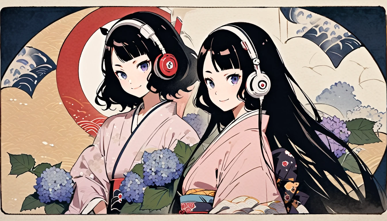Highest quality, Katsushika Hokusai, Ink Painting, (((very straight longhair))), (((hydrangea))), (((Pale pink kimono))), (((smile))), Japanese style headphones, beautiful girl, Black Hair, Delicate and precise, Modern ukiyo-e style