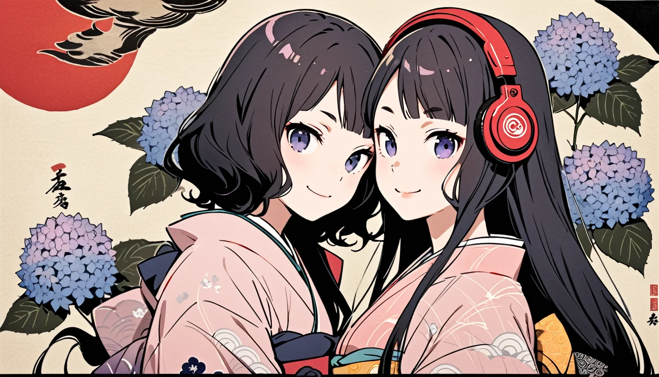 Highest quality, Katsushika Hokusai, Ink Painting, (((very straight longhair))), (((hydrangea))), (((Pale pink kimono))), (((smile))), Japanese style headphones, beautiful girl, Black Hair, Delicate and precise, Modern ukiyo-e style