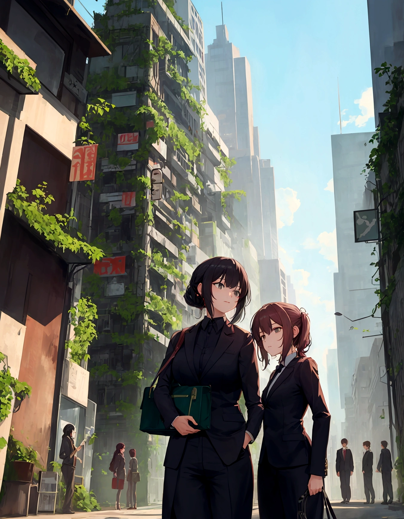 standing side by side in a overgrown city