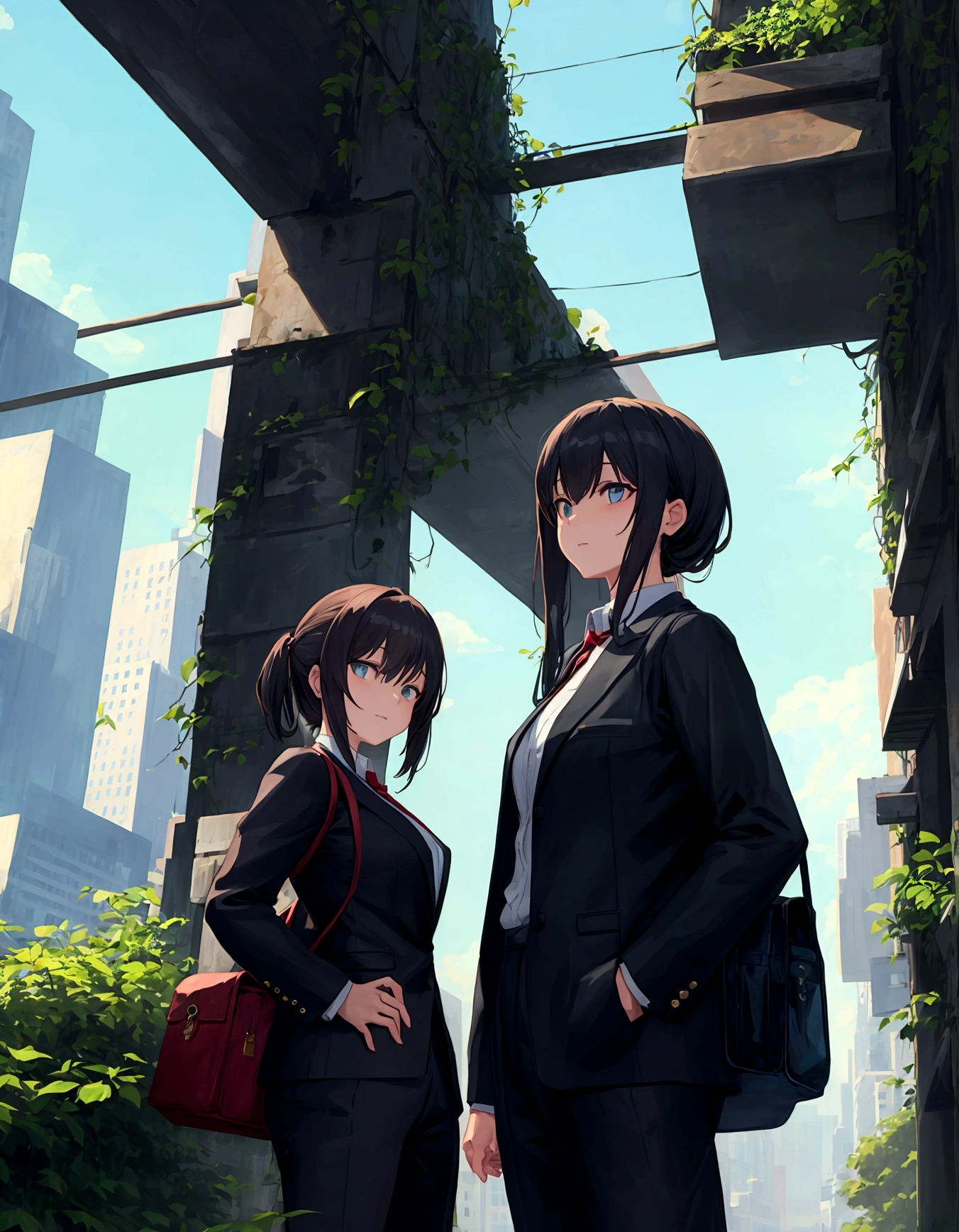 standing side by side in a overgrown city