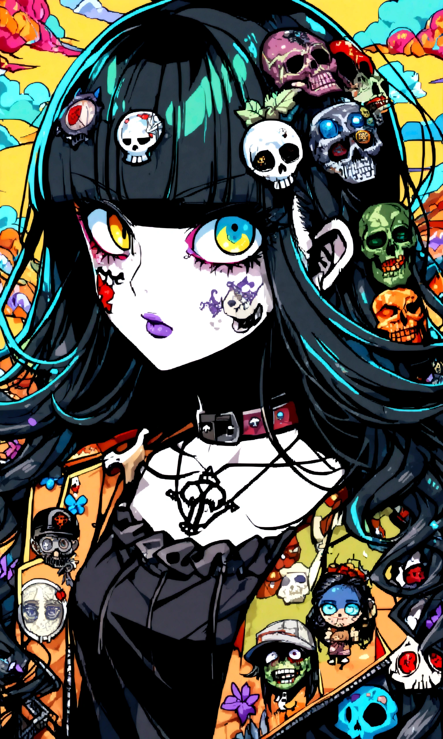 ridicule、Finger prick、Black Hair、Black Feather、Gothic Punk,anime zombie witch design, crossbones, skulls, street wear design, pro vector, Horror style, full design, 6 colors only, solid colors, no shadows, full design, sticker, bright colors, white background.super fine illustration,(((beautiful fine hair))),(((beautiful fine face))),(((beautiful fine background))),(((beautiful fine hair))),(((beautiful fine face))),(((beautiful fine background))),Midsummer、beachBlack Hair、blunt bangs、Cross-eyed