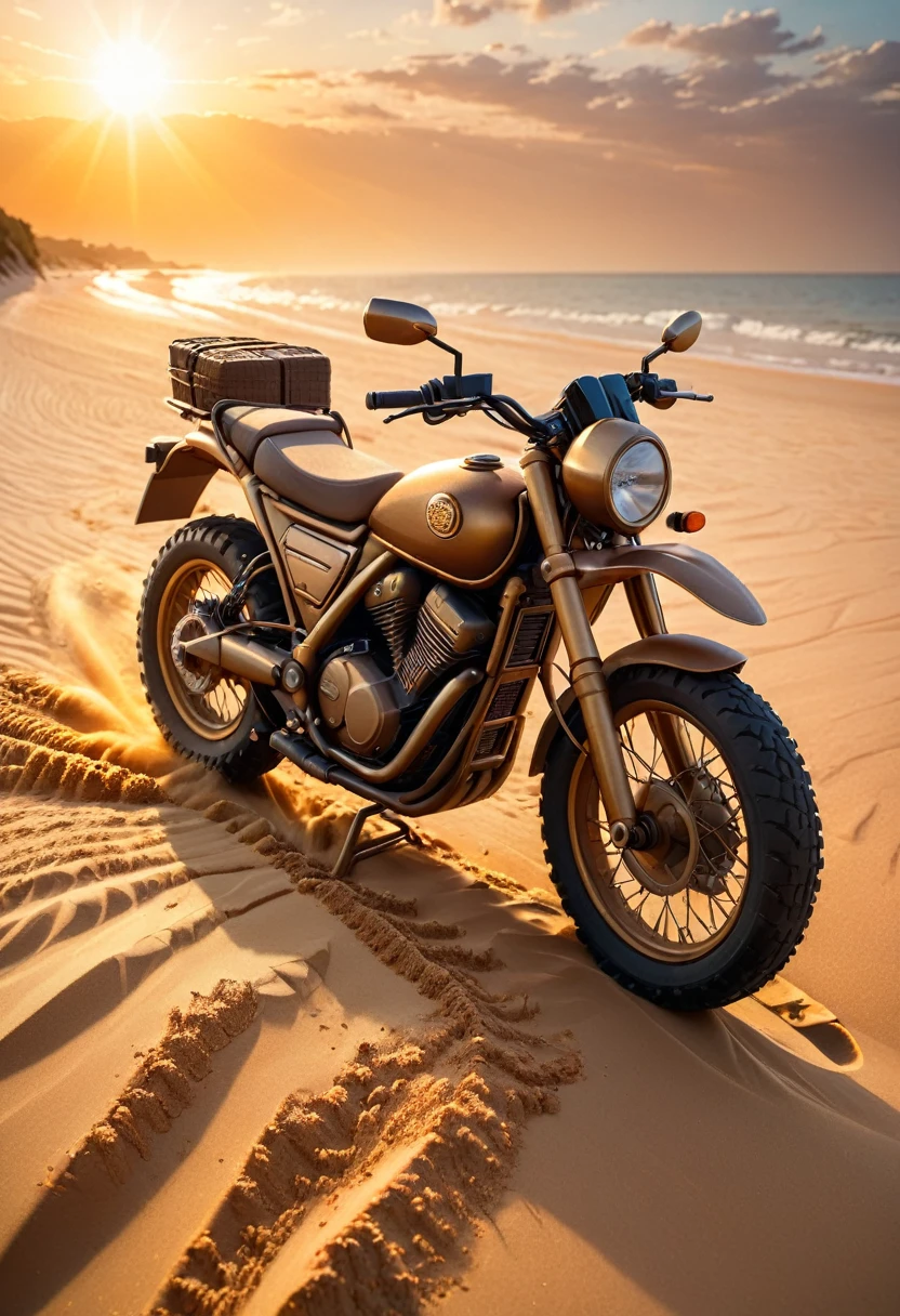 a beach, a sand motorcycle, golden hour, dramatic lighting, cinematic, vibrant colors, detailed skin, high quality, 8k, photorealistic, professional photography, concept art, highly detailed, hyper-realistic, warm color tones, sun flare, shallow depth of field, cinematic composition