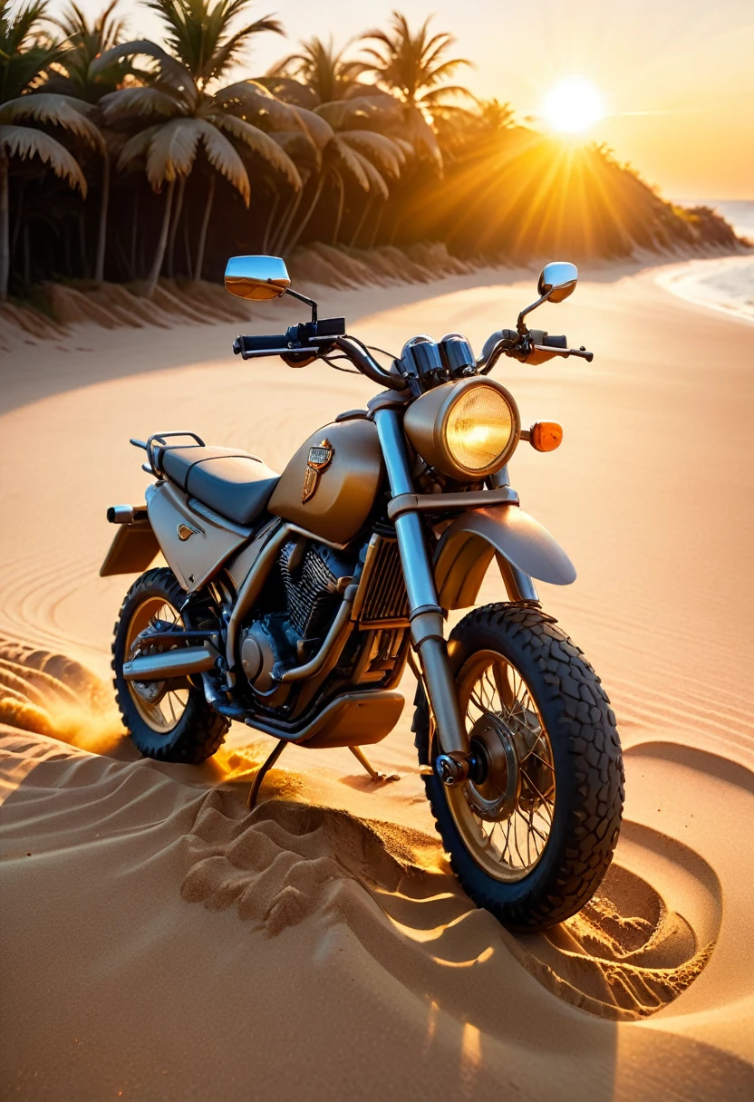 a beach, a sand motorcycle, golden hour, dramatic lighting, cinematic, vibrant colors, detailed skin, high quality, 8k, photorealistic, professional photography, concept art, highly detailed, hyper-realistic, warm color tones, sun flare, shallow depth of field, cinematic composition