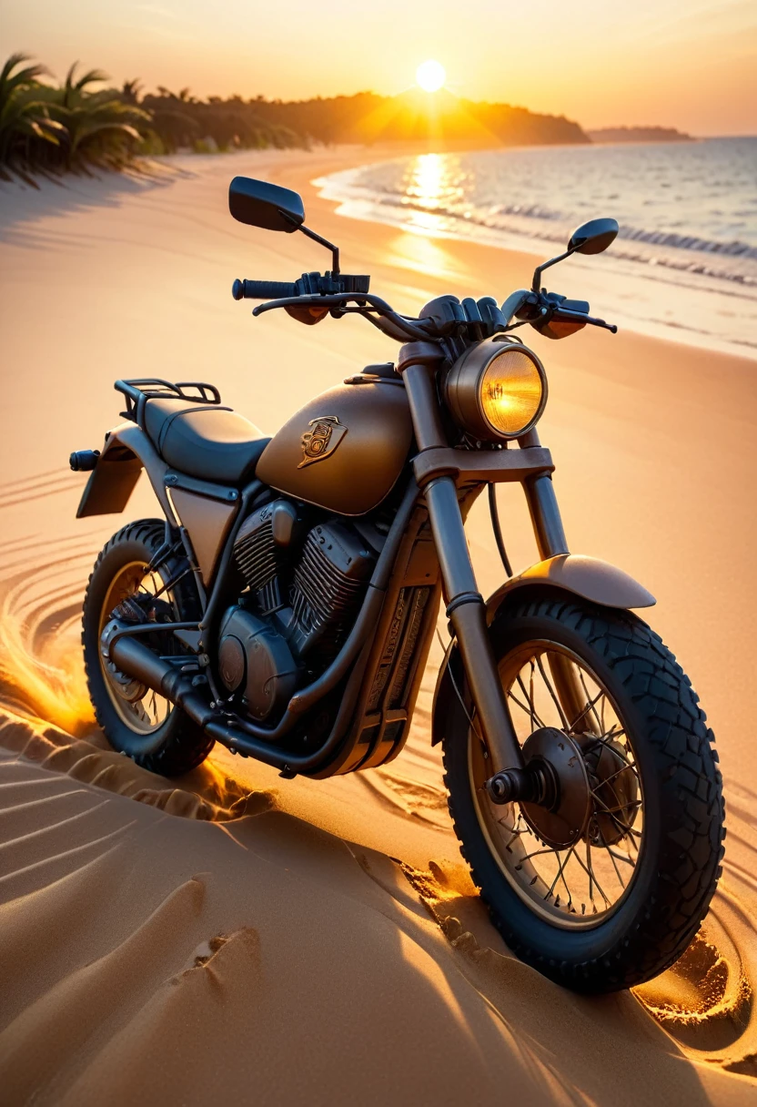 a beach, a sand motorcycle, golden hour, dramatic lighting, cinematic, vibrant colors, detailed skin, high quality, 8k, photorealistic, professional photography, concept art, highly detailed, hyper-realistic, warm color tones, sun flare, shallow depth of field, cinematic composition