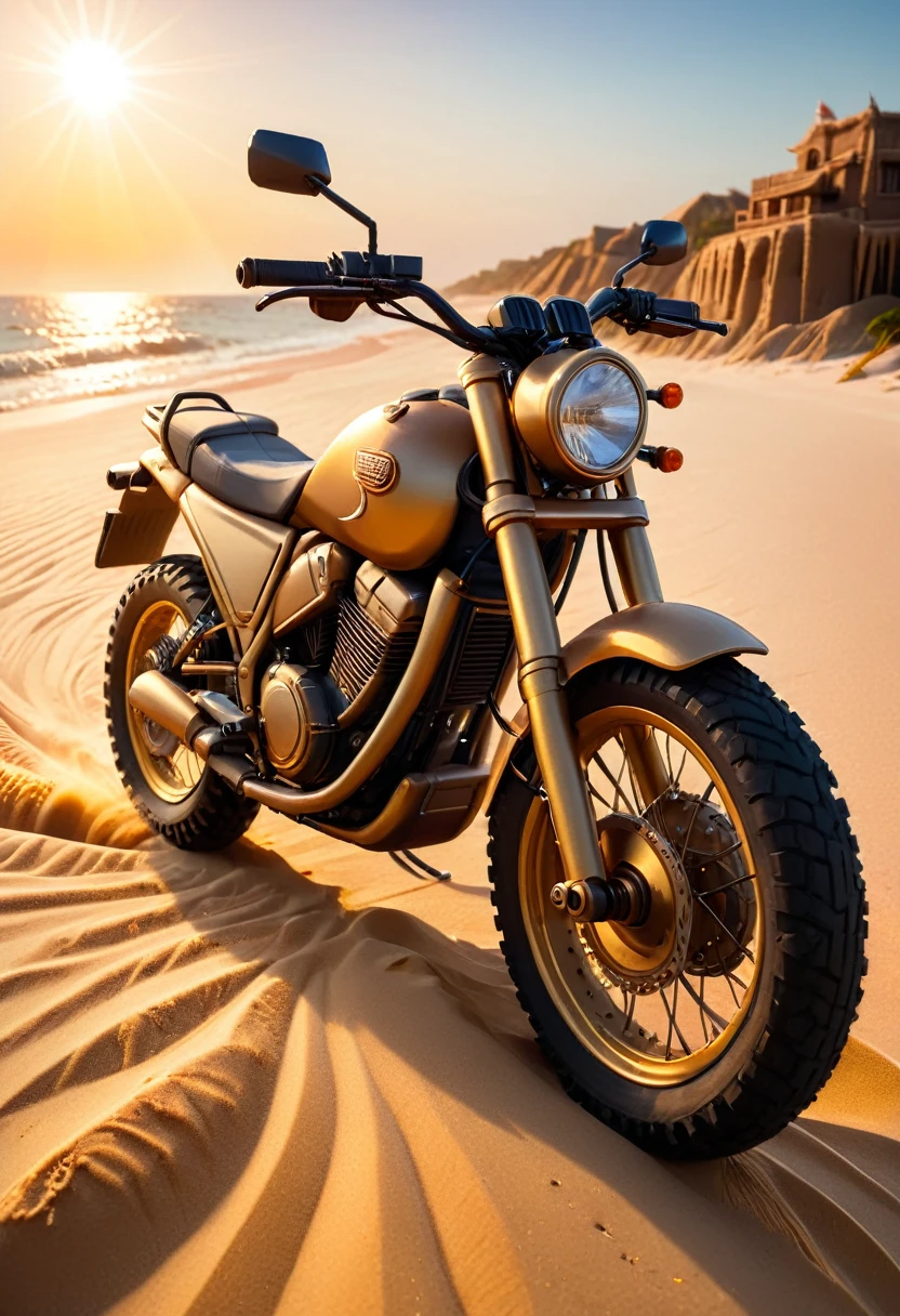 a beach, a sand motorcycle, golden hour, dramatic lighting, cinematic, vibrant colors, detailed skin, high quality, 8k, photorealistic, professional photography, concept art, highly detailed, hyper-realistic, warm color tones, sun flare, shallow depth of field, cinematic composition