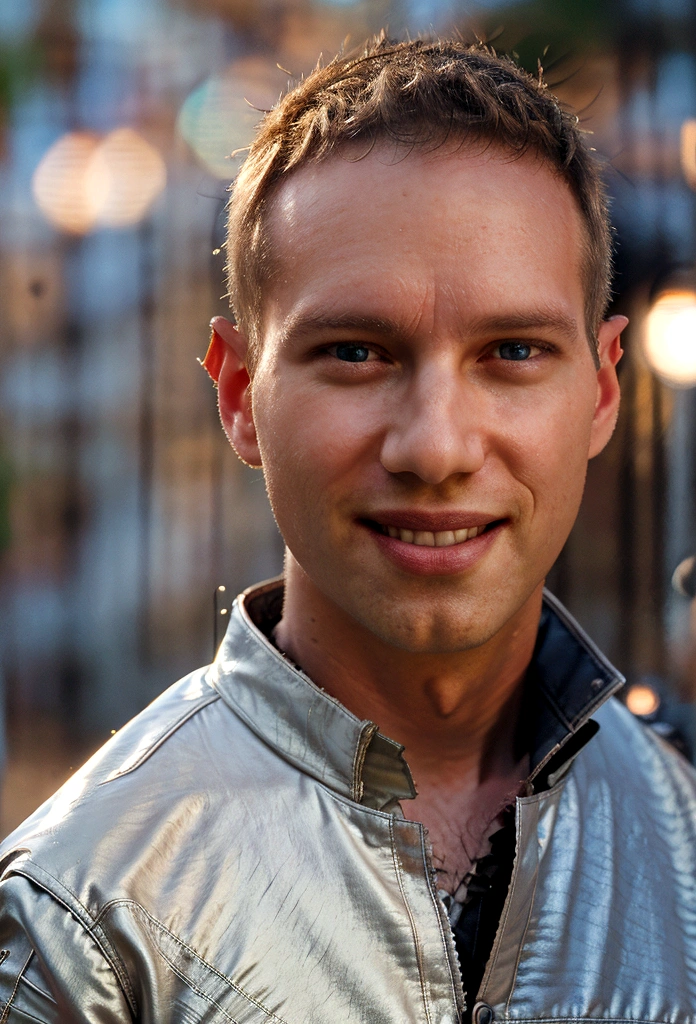 Portrait photo of a handsome male full body photo, perfect eyes, wearing a shabby mecha coat, ((light bokeh)), intricate, (steel metal), elegant, sharp focus, photo by Greg Rutkovsky, soft lighting, bright colors, masterpiece, (street)), detailed realistic face, close-up of the face, smiling short hair Todder8, Todder5