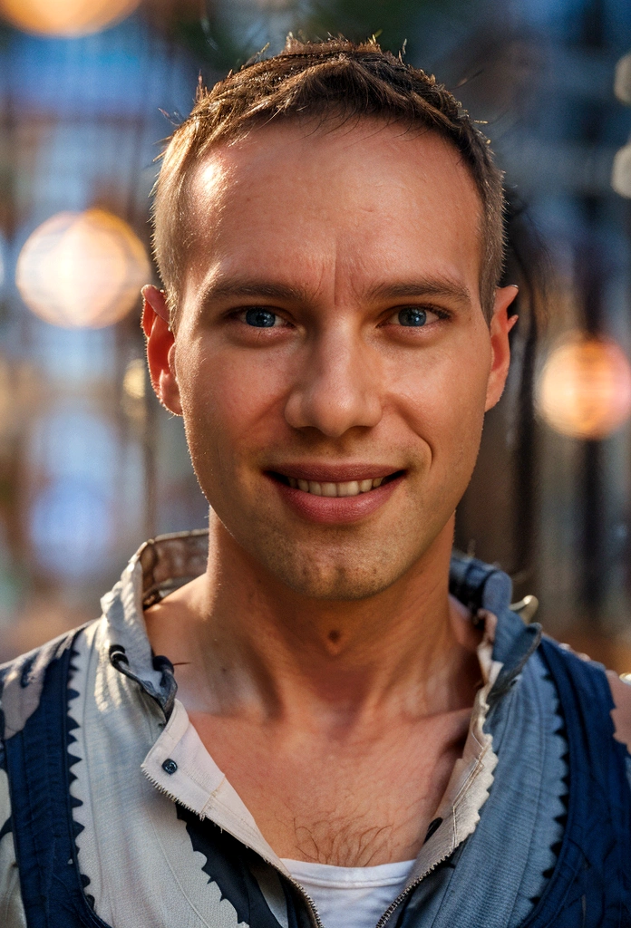 Portrait photo of a handsome male full body photo, perfect eyes, wearing a shabby mecha coat, ((light bokeh)), intricate, (steel metal), elegant, sharp focus, photo by Greg Rutkovsky, soft lighting, bright colors, masterpiece, (street)), detailed realistic face, close-up of the face, smiling short hair Todder8, Todder5