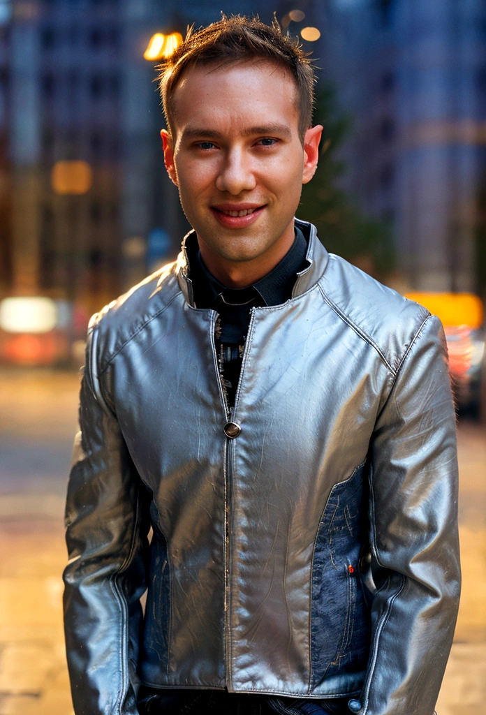 Portrait photo of a handsome male full body photo, perfect eyes, wearing a shabby mecha coat, ((light bokeh)), intricate, (steel metal), elegant, sharp focus, photo by Greg Rutkovsky, soft lighting, bright colors, masterpiece, (street)), detailed realistic face, close-up of the face, smiling short hair Todder8, Todder5