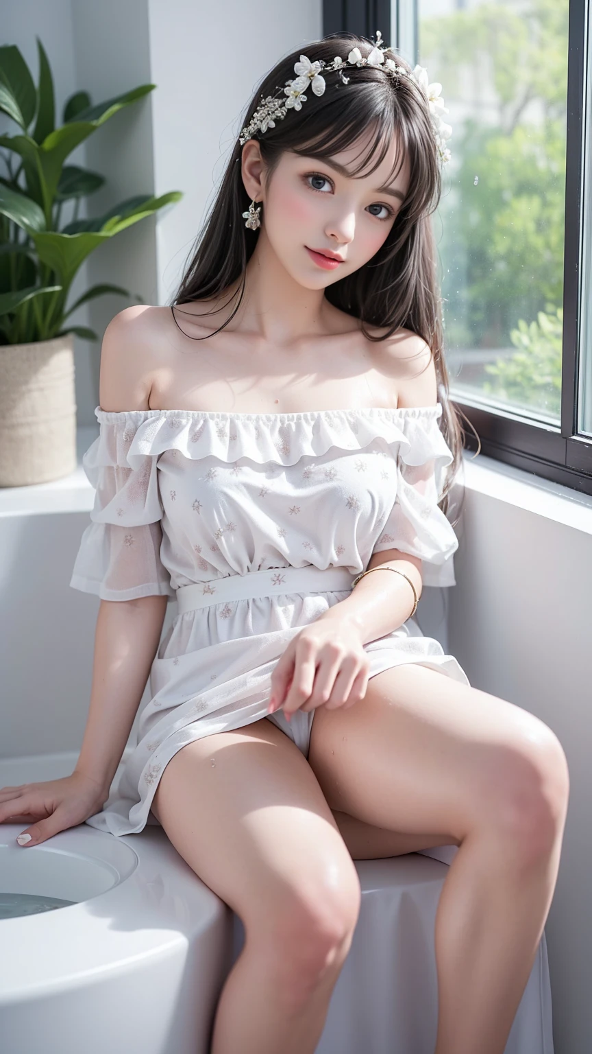 (Girl lying in spacious bathroom)、Beauty、One personの少女、One person、Long Hair、Viewer、smile、(目をclose)、hair ornaments、gem、Grey Hair、口をclose、Bangs、bracelet、lips、Gray Eyes、Portrait、Red nails、close、赤いlips、Put your hands on your face、Place your hand on your cheek、()、(Shiny Skin)、((Outside the window is the Milky Way))、(Off-the-shoulder floral white dress) Off-shoulder white dress with floral print)、 ),((Girl sleeping with legs slightly open)),((With legs spread)),((White panties are visible)),((Lift-up skirt))、((She's wet)),