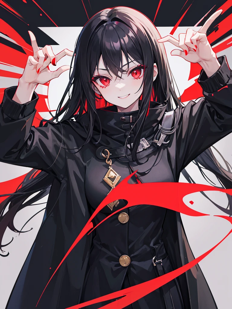 woman, red eyes, long curry wauy black hair ombre green. wear black jacket winter, arrogant, independent woman. background in town. she is vampire. sadistic smile. IDOL.