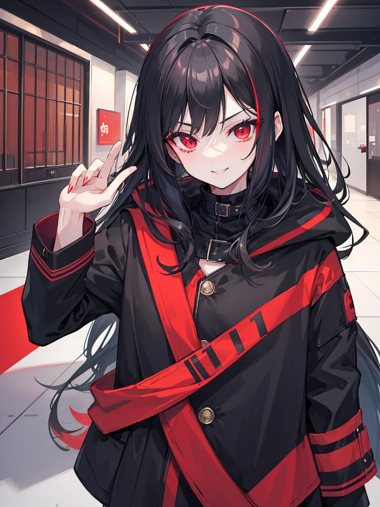 woman, red eyes, long curry wauy black hair ombre green. wear black jacket winter, arrogant, independent woman. background in town. she is vampire. sadistic smile. IDOL.