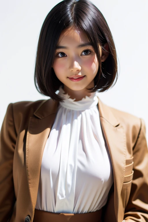 Mix 4,(Highest quality), (Realistic),(Simple white background:1.2), (21 year old girl 1:1.5), Upper Body, A face with attention to detail, smile,[Ash Blonde | Ginger | Brown gray hair], Fujifilm XT3, beige, Camel, black, or red、High-waisted pants in neutral colors like silver and blue, Silk blouse and structured blazer combination, Creates a sophisticated and powerful appearance,(8K), bangs, short hair、Random outfit、Random sexy poses