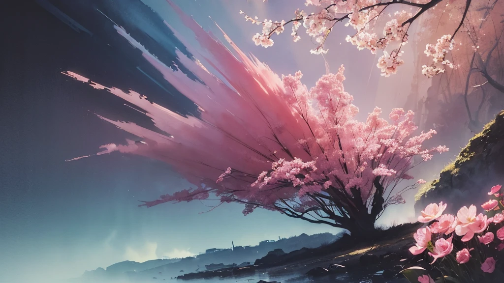 32k, Masterpiece, Highest quality, One girl, Brown Hair, Detailed eyes, flower,Freesia, Pink and navy style,A dreamy, romantic piece,Pale yellow, Mysterious Leaves,A playful arrangement,Fantasy,High Contrast,Ink strokes,explosion,Exposure, Impression of pink and navy tones,Abstract,((Watercolours by John Berkey and Jeremy Mann )) Brush strokes,Negative Space, Tyndall effect,