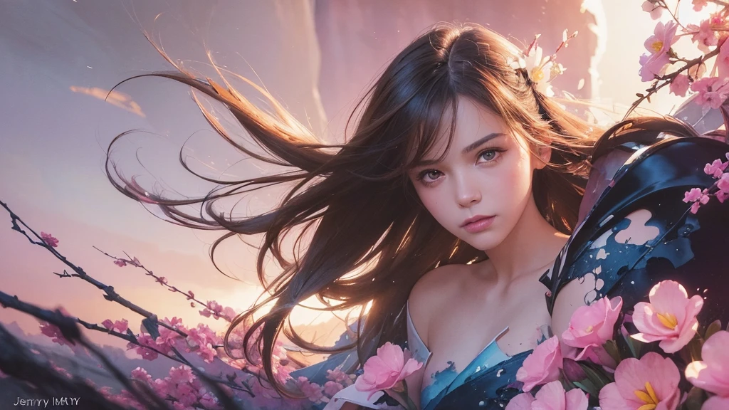 32k, Masterpiece, Highest quality, One girl, Brown Hair, Detailed eyes, flower,Freesia, Pink and navy style,A dreamy, romantic piece,Pale yellow, Mysterious Leaves,A playful arrangement,Fantasy,High Contrast,Ink strokes,explosion,Exposure, Impression of pink and navy tones,Abstract,((Watercolours by John Berkey and Jeremy Mann )) Brush strokes,Negative Space, Tyndall effect,