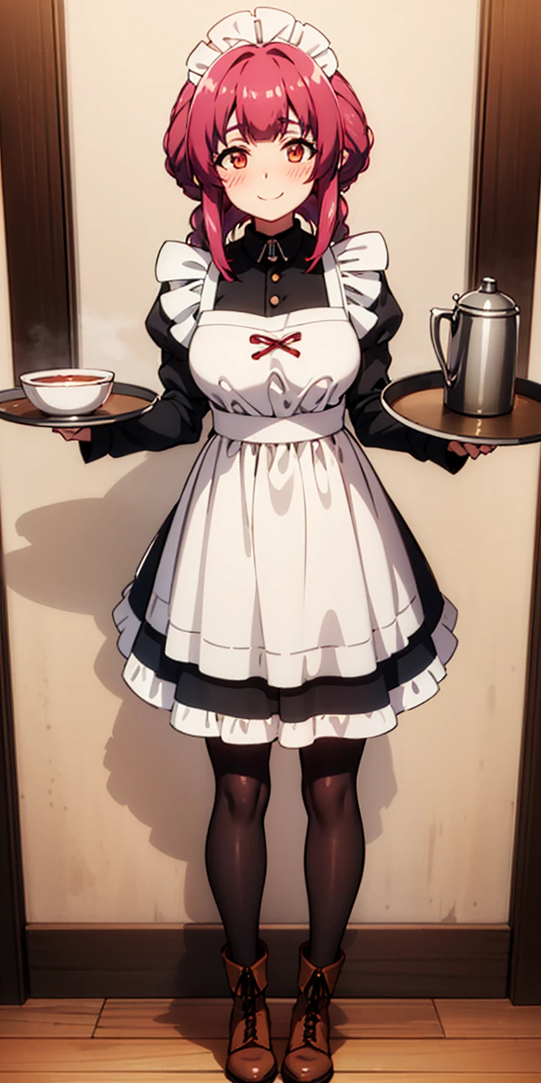 full body standing straight symmetrical, lustful smirking smile face red blush red cheeks, looking at viewer, holding tray, braid, maid headdress, maid, dress, apron, long sleeves, brown pantyhose, long leather militar boots, thighs, long white hair, masterpiece