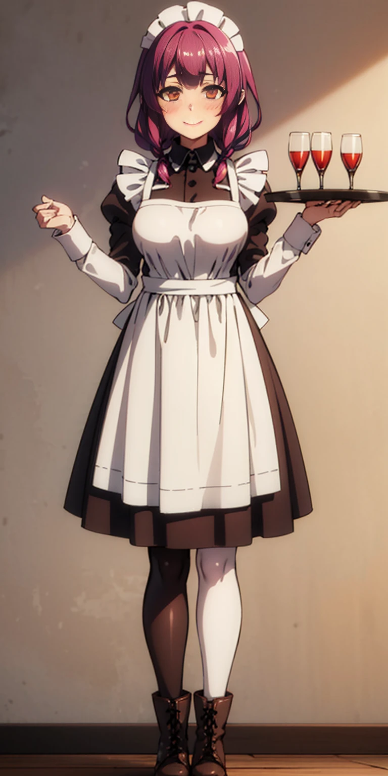 full body standing straight symmetrical, lustful smirking smile face red blush red cheeks, looking at viewer, holding tray, braid, maid headdress, maid, dress, apron, long sleeves, brown pantyhose, long leather militar boots, thighs, long white hair, masterpiece