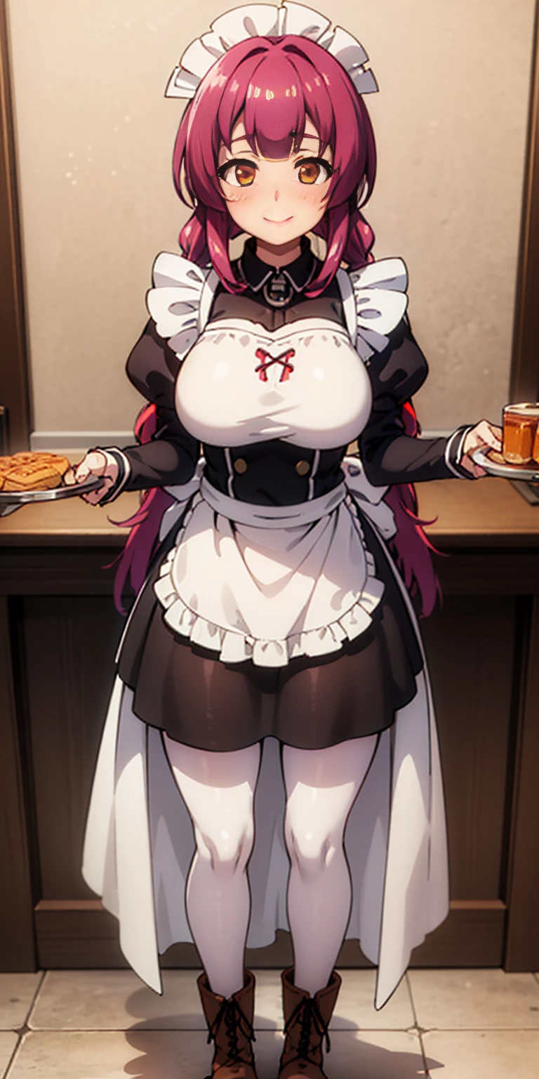 full body standing straight symmetrical, lustful smirking smile face red blush red cheeks, looking at viewer, holding tray, braid, maid headdress, maid, dress, apron, long sleeves, brown pantyhose, long leather militar boots, thighs, long white hair, masterpiece