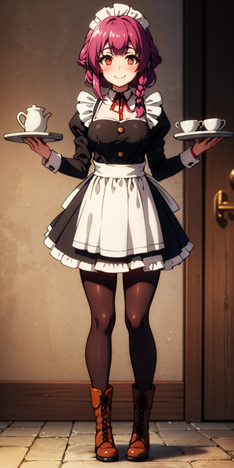 full body standing straight symmetrical, lustful smirking smile face red blush red cheeks, looking at viewer, holding tray, braid, maid headdress, maid, dress, apron, long sleeves, brown pantyhose, long leather militar boots, thighs, long white hair, masterpiece