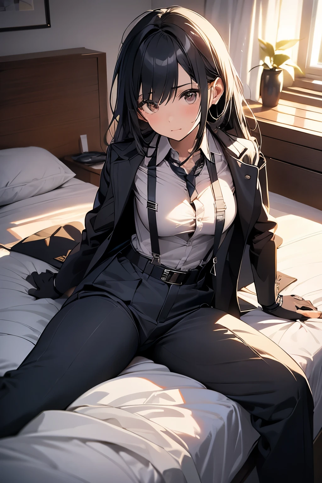 suspenders　　　Moderate breasts　 　 　　　　Small face　 　　　holster　　　Beautiful woman　　　　 Lying in bed　Looking up　　　　Sweat 　　　belt　summer　脇Sweat 　Black Hole Gloves　suit　shirt　　Black jacket　 Black trousers　Leg Links　ズボンにbelt
