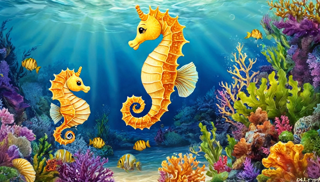 儿童插画Seahorse，可爱Seahorse，Seahorse，Ocean background，masterpiece，（Best quality），背景是Ocean Theme，Incorporating natural elements，（Ocean Theme），可爱的Seahorse插画
