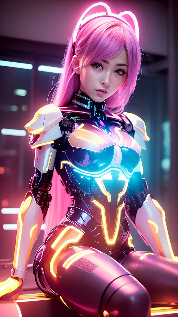 Arknights girl (masterpiece), best quality, expressive eyes, (((in hyper realistic and detailed neon-lit sci-fi plugsuit pink & white armor, aethereal aesthetic style))) beauty korean idoll, intricate perfect beauty cute face, detailed sharp eyes, hyper realistic and detailed hair, (((from face to the waist))), (((beauty slim shape))), 4k, UHD