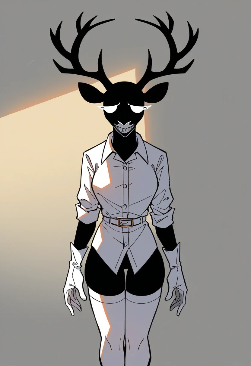 (best qualityer, masterpiece1.2), 1 girl, standing alone, antrum, cally3d, (black body), (darling ink), antlers, sharped teeth, white Stockings, Woman, housekeeper, eyes black, (no pupils), (white shirt), neckleace, knickers, Stockings, whitegloves, white face, sensuous, detailded, extreme detail, perfect lighting, 4K, cloused mouth, devil's tail, White tooth,