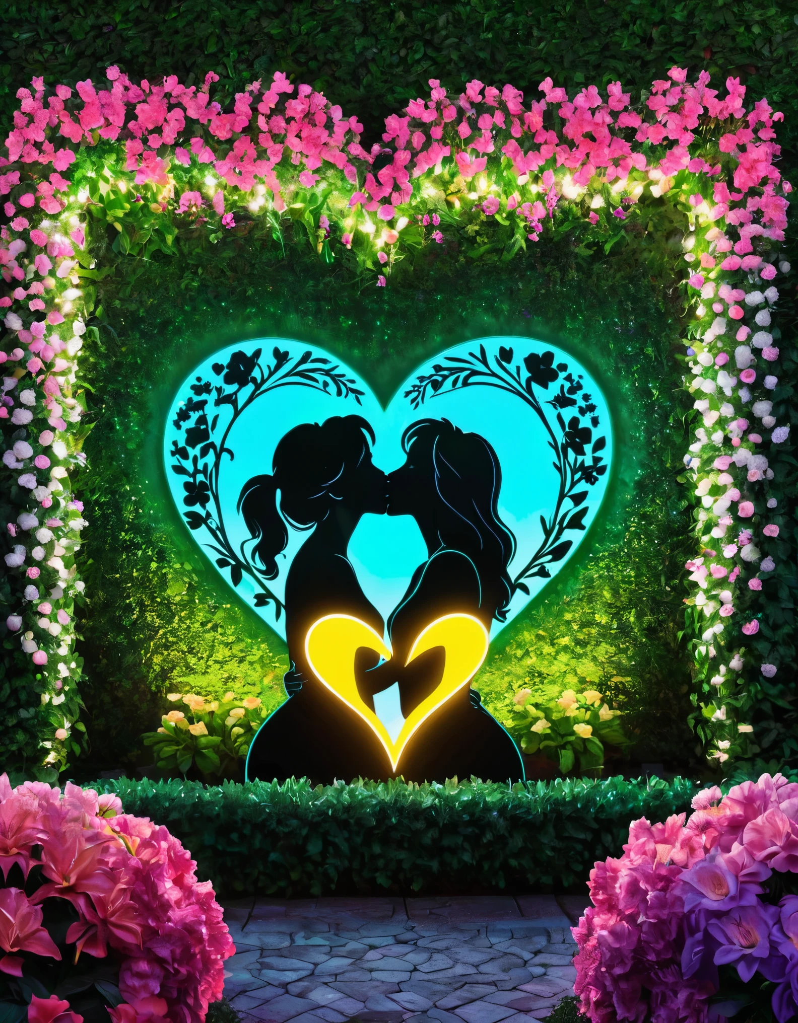 A vibrant neon art piece featuring the silhouette of a couple kissing in a garden with neon heart shapes and flowers in the background, creating a romantic and natural setting.