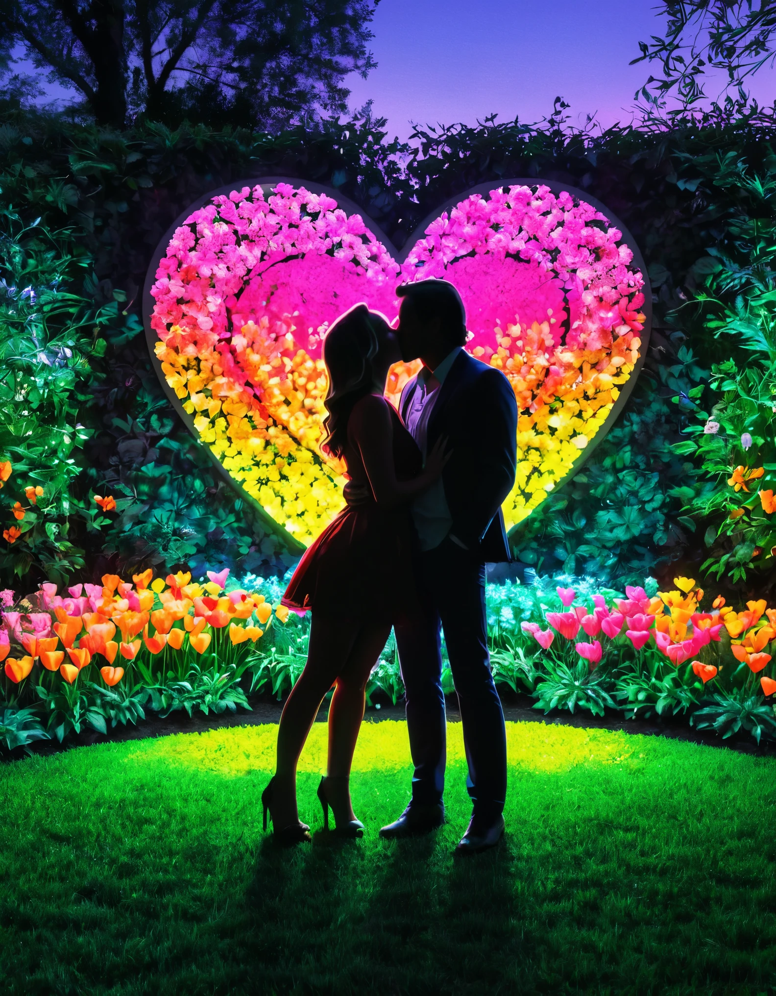 A vibrant neon art piece featuring the silhouette of a couple kissing in a garden with neon heart shapes and flowers in the background, creating a romantic and natural setting.