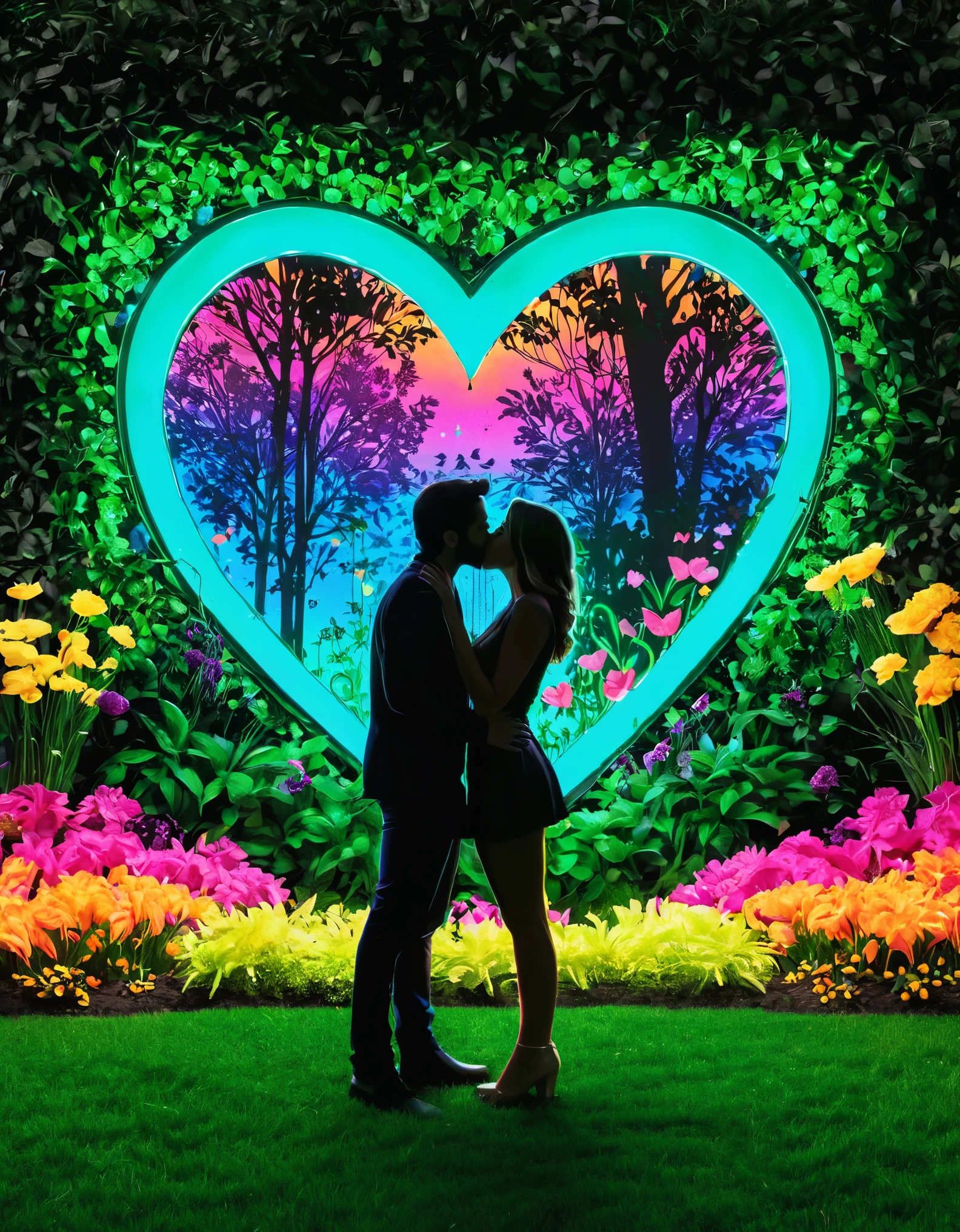 A vibrant neon art piece featuring the silhouette of a couple kissing in a garden with neon heart shapes and flowers in the background, creating a romantic and natural setting.