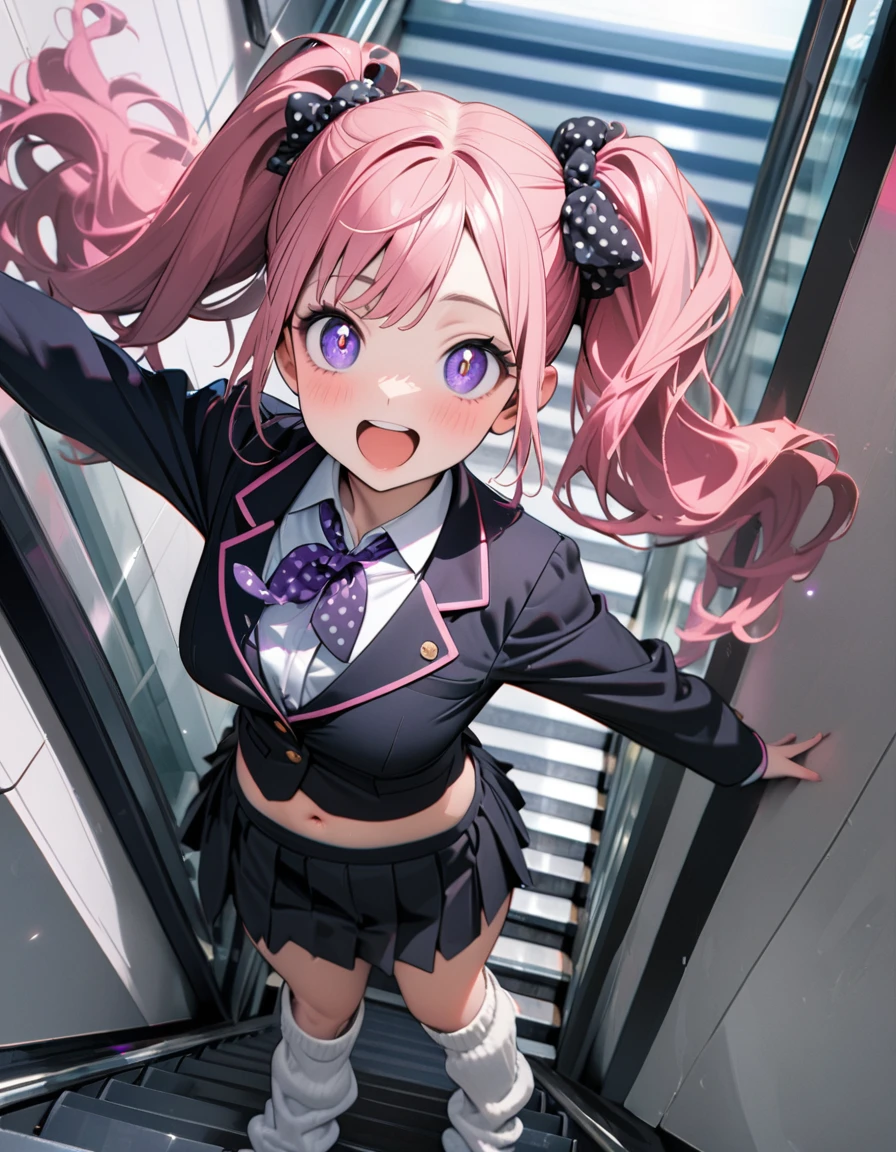 (8K, best quality, master piece: 1.2), super high resolution,1 girl,yo,solo,1ultra-detailed face,detailed eyes,sparkling pupils,Mascara,Bubblegum Pink hair,natural wave hair,twintails,amethyst Eyes,(scrunchie,blazer,Short pleated skirt),(gray:1.5),navel,polka-dot pattern Ribbon tie,happy,open mouth,medium breasts,((loose socks)),(ピースサイン),リムライト,standing on a down escalator,Look at Viewer