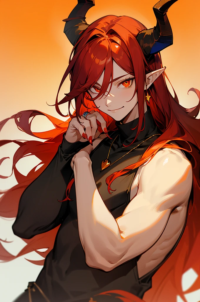 masterpiece, ssambatea, 1boy, solo,long hair, looking at viewer, smile, simple background, hair between eyes, jewelry, closed mouth, upper body, flower, red hair, horns, pointy ears, hand up, necklace, orange eyes, gradient, gradient background, clothing cutout, ring, fire, red nails, bright pupils, shoulder cutout