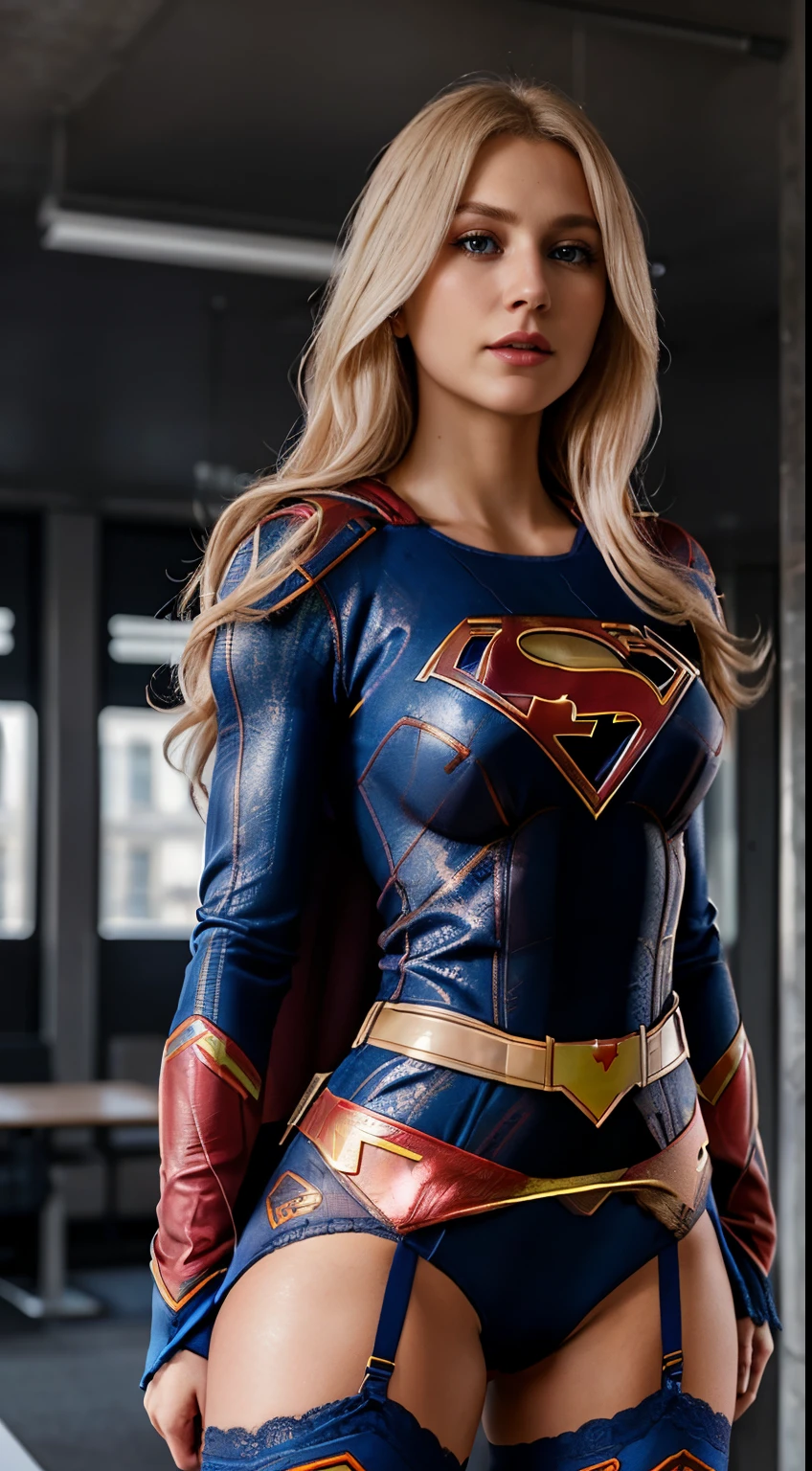 Mature Woman, 30 years old,  Platinum blonde colored hair,Long hair、European Woman, Full body in the photo, multiple views, zoomout, Serious, Beautiful, Cool, Realistic hair, Blue eyes, Inconspicuous pose, European Eyes, Medium structure, Medium round buttocks、(Wearing ultra-thin Supergirl print lace underwear:1.4)、(teats)、NSFW, Modern Office, Cover bar, masutepiece, 超A high resolution, (Photorealistic: 1.2), Raw photo, A hyper-realistic,  Detailed background, refined, Detailed, Realistic face, Detailed face, Realistic skin, (Raw photo, Best Quality), Extremely detailed, nffsw, unit, amazing, Fine details, lightsmile, Highly detailed ejector 8k wallpaper unit, Huge file size, Ultra-detailed, hight resolution, absurderes, Soft light, Half body, Photos without backgrounds、Posing