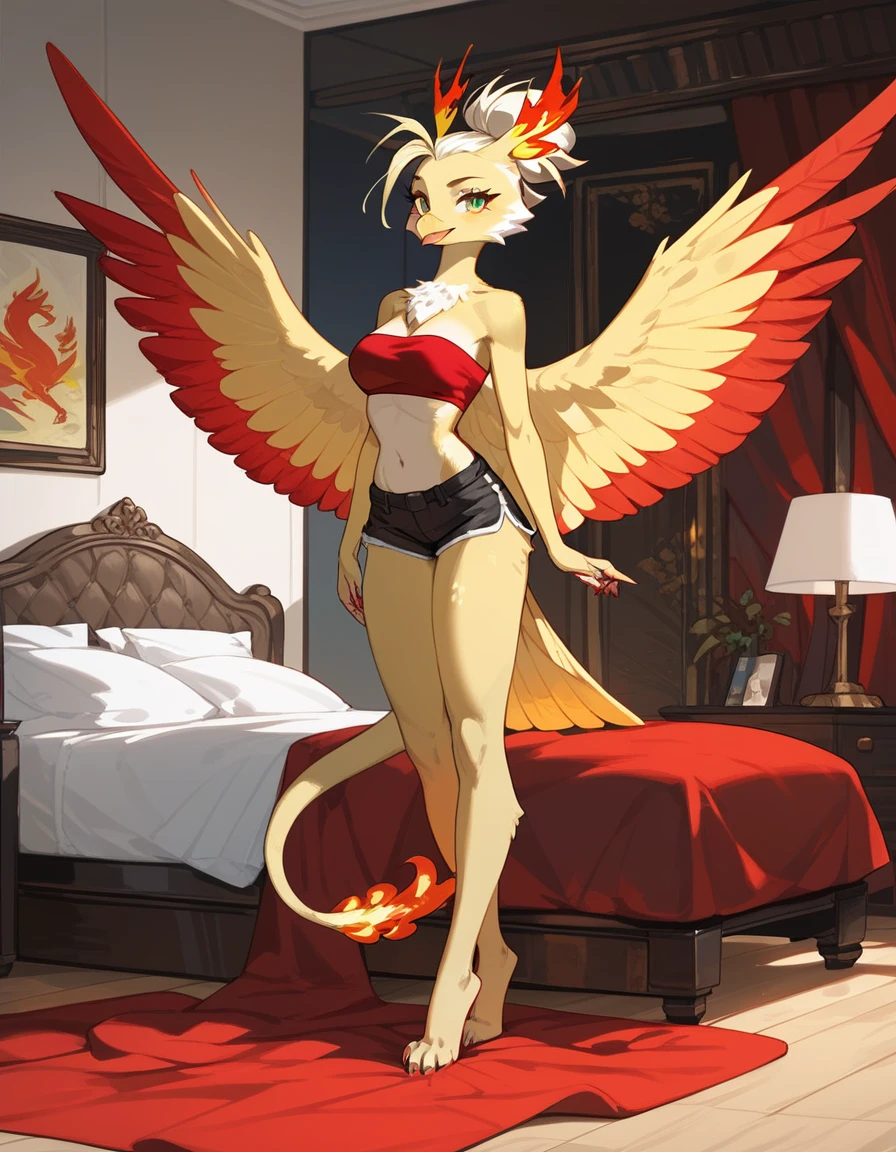 score_9, score_8_up, score_7_up, an Anthro phoenix girl, avian female, red and yellow body, spikey yellow hair, , red bra, black thong, barefoot, closed wings, yellow eyes, indoors, lying on a bed, seductive