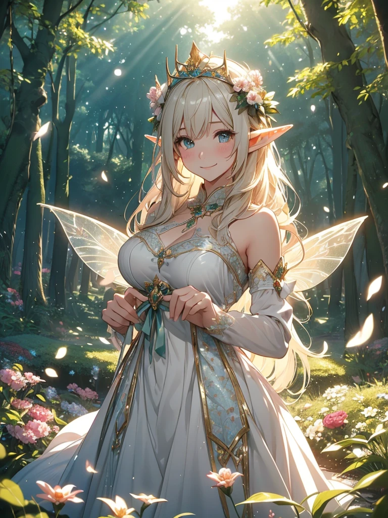 最high quality、1woman elf 、Beautiful foam、、CourtyardShining fairy wings、E.G: Worst quality ,Flower fractal art　　、see-throughbodystocking,Beautiful side shot, radiance,High-definition depiction, Realistic, 8K, Unity, beautiful Shot, light smile, Beautifully and vividly drawn, , Beautiful, beautiful, clear skin、sexly,beautiful dress,Countless rays of light pouring down, Swirling Light, big background, Raise one arm above your head, Intense light is emitted from the magic circle in front of the girl.   forest、Lots of leaves、Green leaves、flower、Particles of light、Bedroom at night、Magic Palace、Fairy tale、
Romanticism,Cowboy Shot: The most beautiful form of chaos, Mr..々Farbe, Intertwined flowers, Particle,magical gentle light,smile,sexly,image quality、masterpiece、Beautiful Face、Super beautiful elf woman((Big breasted 22 year old office lady、Bust 100,Beautiful long ironed hair 、bionde hair,height: 165cm。、sexly、Esbian、、high quality、、Visual art、Written boundary depth、、Elf Ears、、universe、Happy smile、Gentle light、Elf forest、elegant、ticker beautiful decorative、、magic、forest、beautiful tiara、Beautiful bed、Beautiful Landscape、A kind smile、wonderful、Fluttering petals、Dance happily、、Cultivate fantasy、、Mystery light　Lots of flowers、、art、forest, palace, art,mystery,Ultra-high resolution,atmosphere