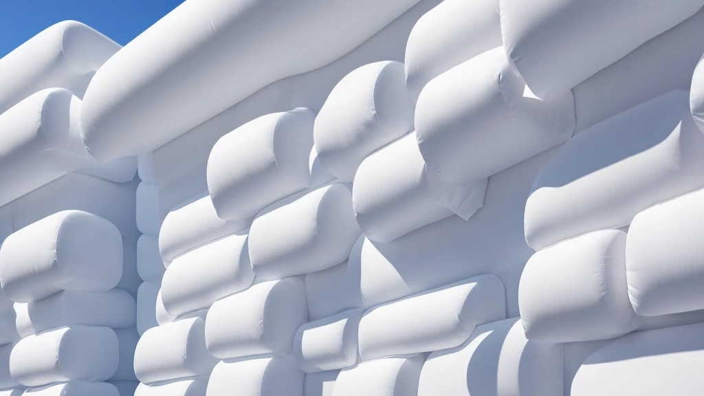 A wall composed of inflatable blocks，Realistic of a inflatable installation in the shape, white inflatable plastic film material, wrapped in a white polyester sheet. close-up，Front view，minimalist, most best quality,32K Ultra HD, super detail, best quality, highres, high details，Top view