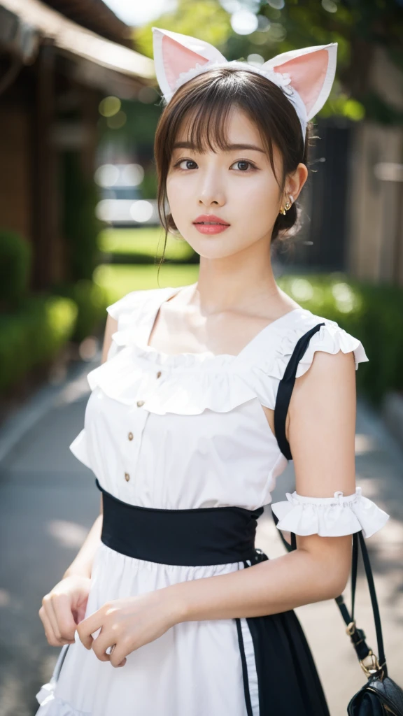 Amazing details, 8k photos, Hyperrealism, Professional Light, Realistic Background, Visual depth, Background blur, Wide-angle lens, whole body, (13 years old, cute, change, Flat Chest, Cat ear), One girl, Colored eyes, Blonde, (Lolita fashion: 1.5), (race, Frilled shirt, White petticoat, sneakers), (stuffed toy), pink cute backpack, street, fashion