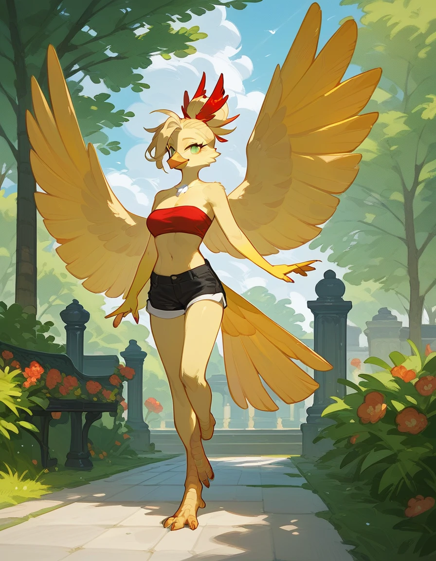 score_9, score_8_up, score_7_up, an Anthro phoenix girl, avian female, red and yellow body, spikey yellow hair, wearing elegant Haori, red bandeau, black short shorts, barefoot, standing, closed wings, yellow eyes, outdoors, at a park, seductive