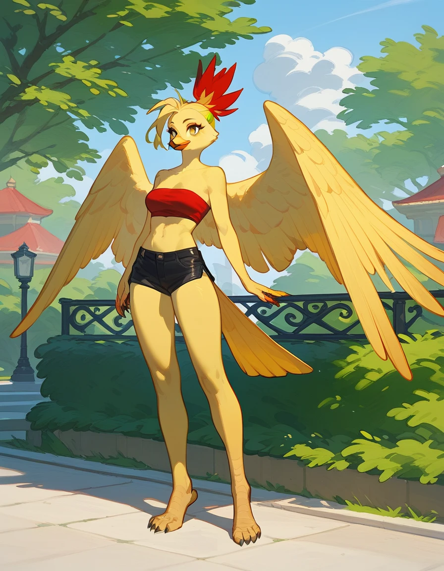 score_9, score_8_up, score_7_up, an Anthro phoenix girl, avian female, red and yellow body, spikey yellow hair, wearing elegant Haori, red bandeau, black short shorts, barefoot, standing, closed wings, yellow eyes, outdoors, at a park, seductive