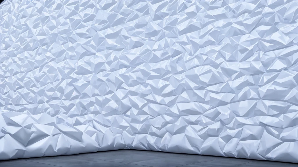 A wall composed of inflatable blocks，Realistic of a inflatable installation in the shape, white inflatable plastic film material, wrapped in a white polyester sheet. close-up，Front view，minimalist, most best quality,32K Ultra HD, super detail, best quality, highres, high details，Top view
