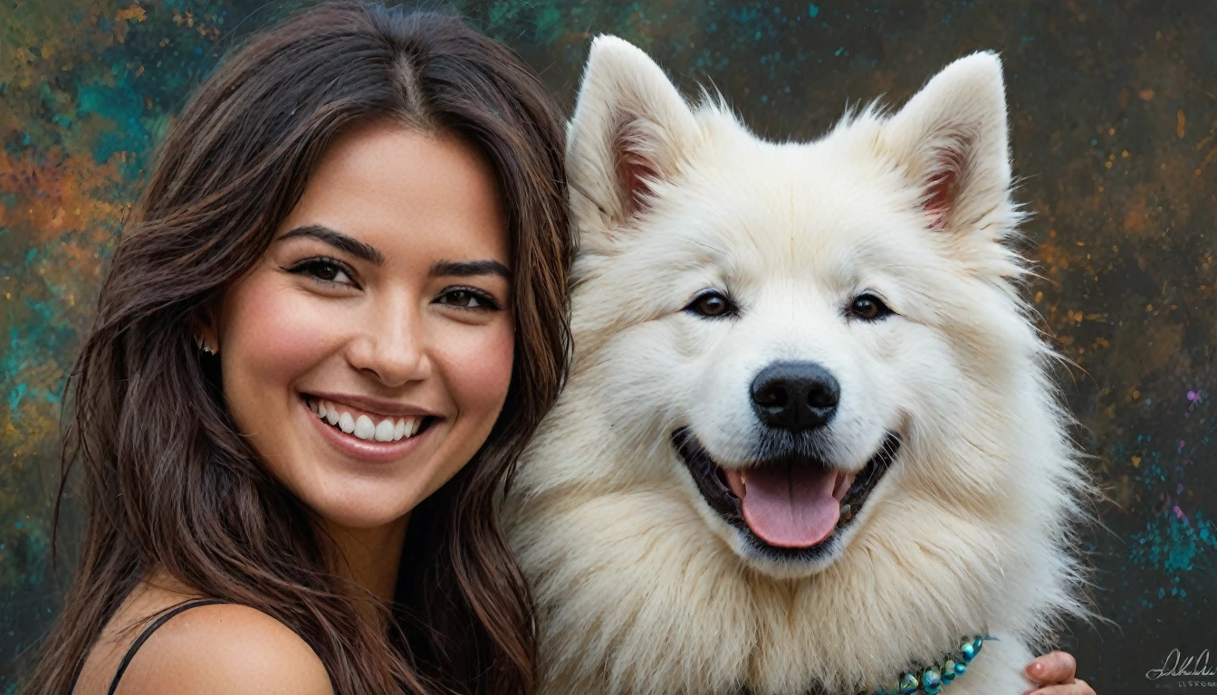 half body,
a woman smile with her best friend her Samoyedo dog,
dark complex background, style by Thomas Kinkade+David A. Hardy+Carne Griffiths+Mandy Disher half vivid colors fine art, best quality, high detailed, detailed faces, 2d,