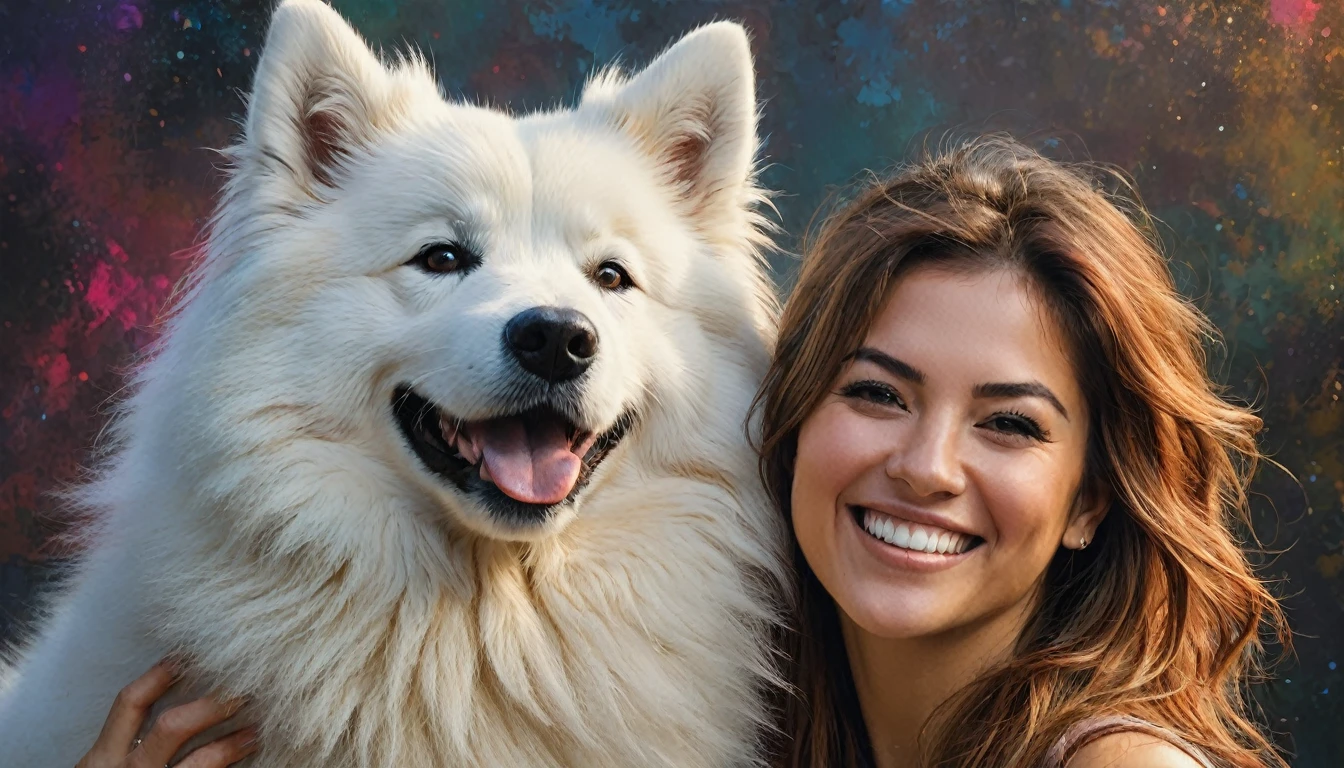 half body,
a woman smile with her best friend her Samoyedo dog,
dark complex background, style by Thomas Kinkade+David A. Hardy+Carne Griffiths+Mandy Disher half vivid colors fine art, best quality, high detailed, detailed faces, 2d,