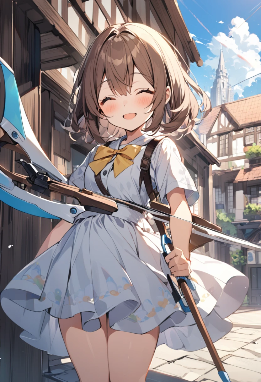 1 girl, alone, broad, blush, SMILE, Brown hair, bow, two tails, Closed eyes, weapon, short sleeves, hair bow, sky, day, blue sky, building, in front of the viewer, yellow bow, bow (weapon), ARROW (projectile)