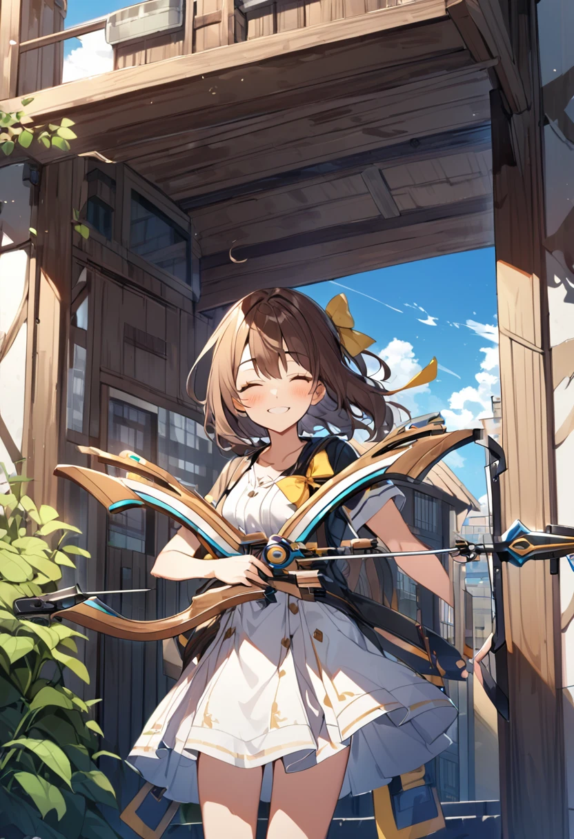 1 girl, alone, broad, blush, SMILE, Brown hair, bow, two tails, Closed eyes, weapon, short sleeves, hair bow, sky, day, blue sky, building, in front of the viewer, yellow bow, bow (weapon), ARROW (projectile)