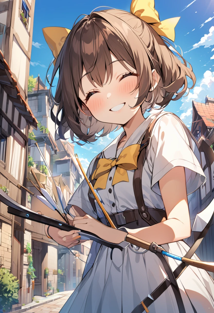 1 girl, alone, broad, blush, SMILE, Brown hair, bow, two tails, Closed eyes, weapon, short sleeves, hair bow, sky, day, blue sky, building, in front of the viewer, yellow bow, bow (weapon), ARROW (projectile)