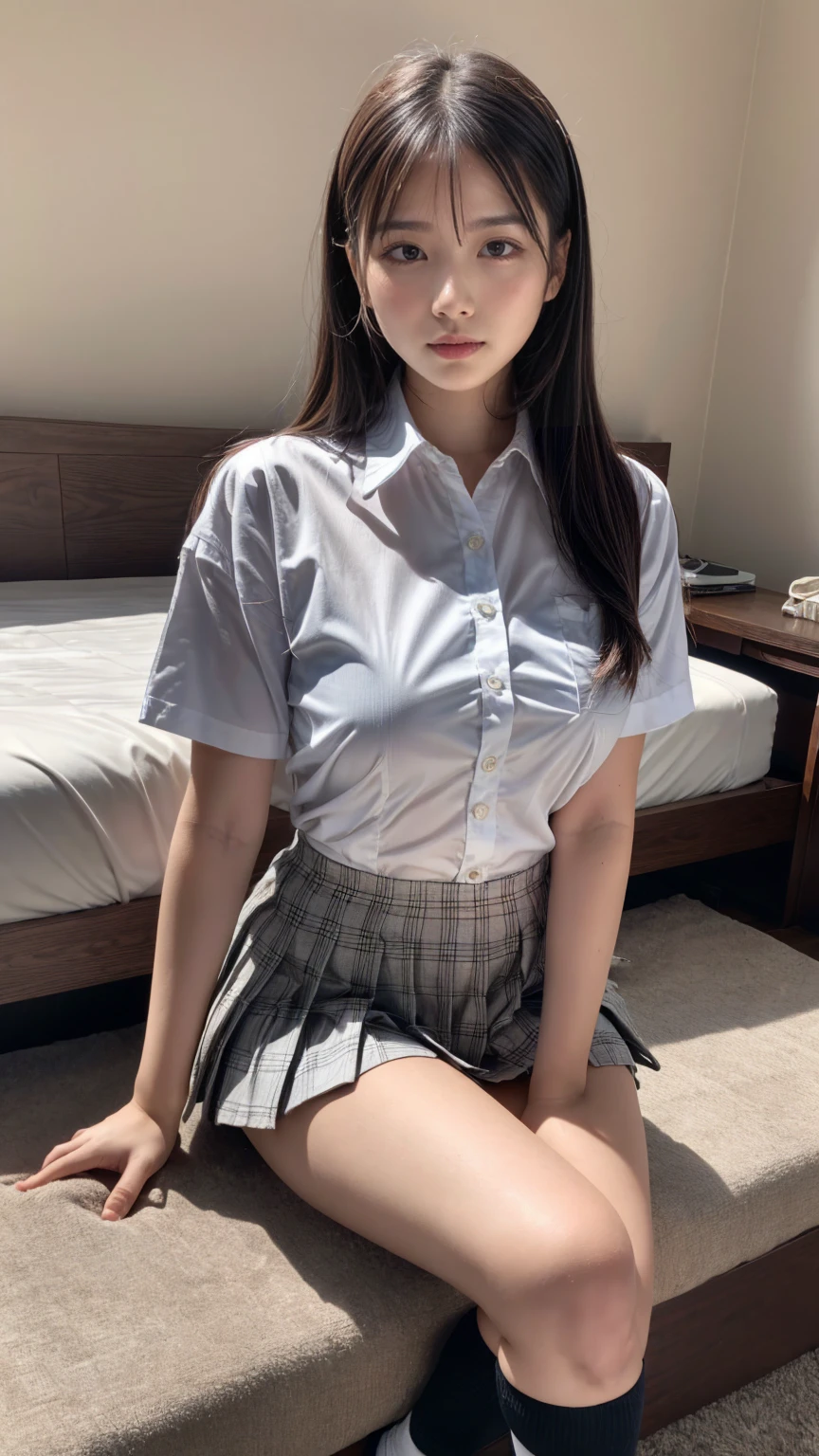 (8K, RAW Photos, Highest quality, masterpiece:1.2), (professional photography, full colors, studio-caliber color grading), (Gravure quality for high-end fashion magazines), BREAK,18 year old girl, (boyish:1.15), (mannish:1.1), Big Natural Color Lip, Plumpy body, (smooth skin:1.1), (huge breasts:1.0), BREAK (school uniform:1.2), ((loose style, tucked out tops):1.2), (fusion of oversized white tunic and white collared-shirt with untucked:1.4), (short sleeve:1.3), (button-up:1.4), (black and gray plaid pattern pleated mini skirt:1.2), (thigh skin:1.4), (socks:1.2), (loafers:1.1), BREAK hotel room