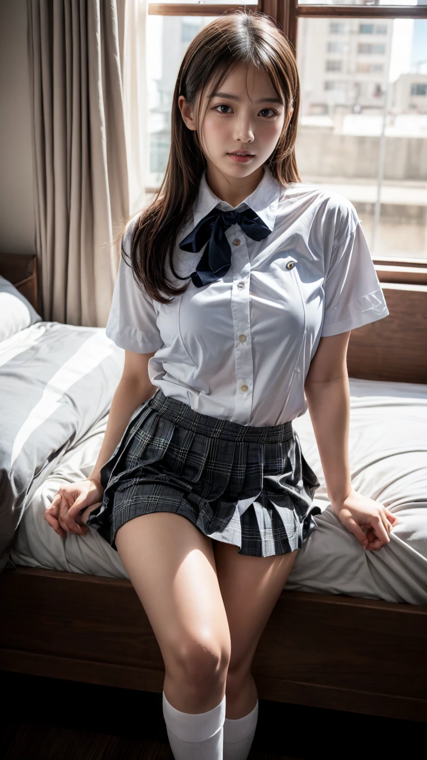 (8K, RAW Photos, Highest quality, masterpiece:1.2), (professional photography, full colors, studio-caliber color grading), (Gravure quality for high-end fashion magazines), BREAK,18 year old girl, (boyish:1.15), (mannish:1.1), Big Natural Color Lip, Plumpy body, (smooth skin:1.1), (huge breasts:1.0), BREAK (school uniform:1.2), ((loose style, tucked out tops):1.2), (fusion of oversized white tunic and white collared-shirt with untucked:1.4), (short sleeve:1.3), (button-up:1.4), (black and gray plaid pattern pleated mini skirt:1.2), (thigh skin:1.4), (socks:1.2), (loafers:1.1), BREAK hotel room