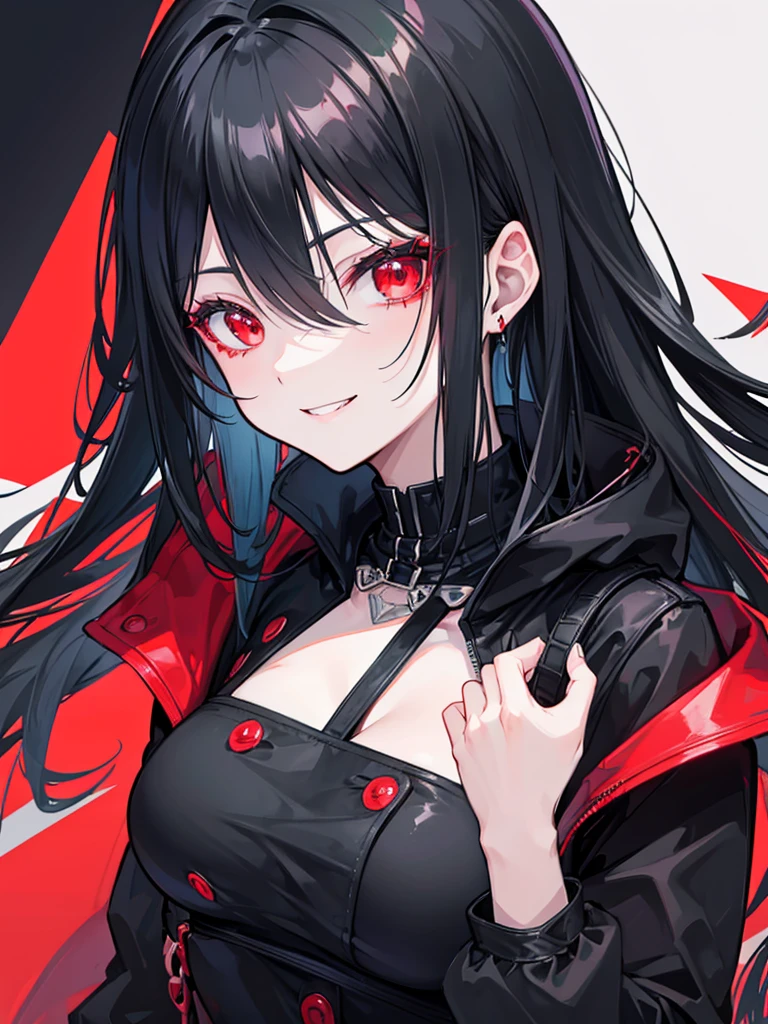 woman, red eyes, long curry wauy half black and green hair. wear black jacket winter, arrogant, independent woman. background in town. she is vampire. sadistic smile. IDOL.