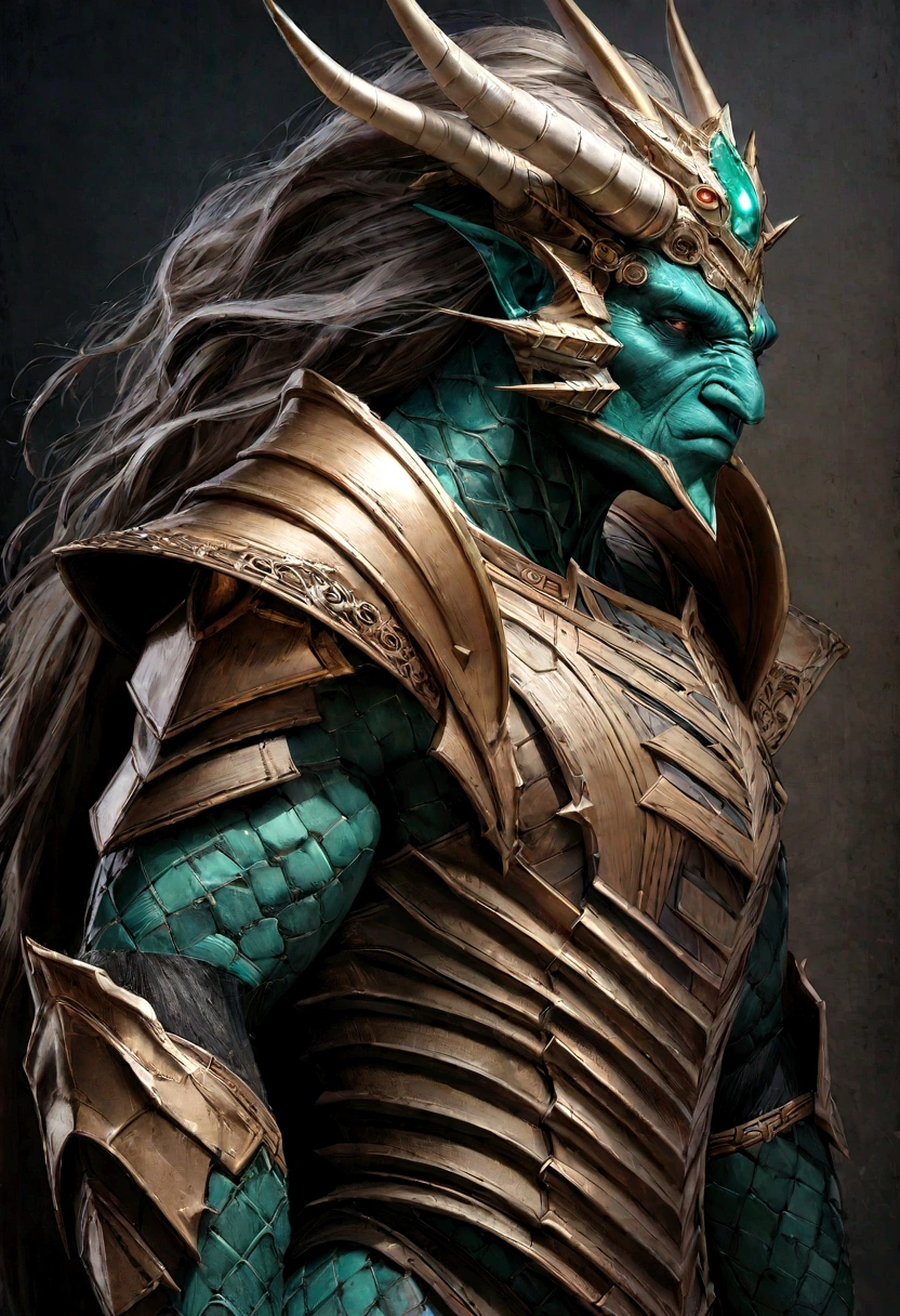 Cum_anthropomorphic science fiction Komodo Dragon King. Show your whole body. The skin color is blue-green. The presence of horns on the head. Armor with details Intricate. Rich scale texture. Professional studio photos. Ultra-realistic, details Intricate