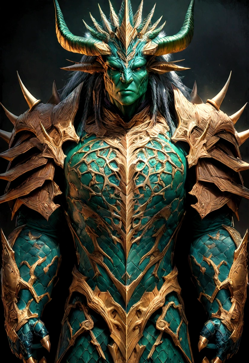 Cum_anthropomorphic science fiction Komodo Dragon King. Show your whole body. The skin color is blue-green. The presence of horns on the head. Armor with details Intricate. Rich scale texture. Professional studio photos. Ultra-realistic, details Intricate